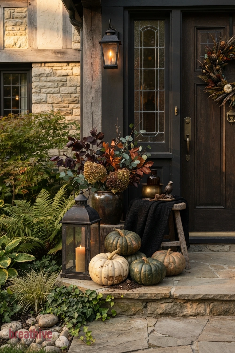 classy Halloween front yard and entry idea with close view of one prop cluster showing texture, scale, anchoring, and relation to plants or hardscape