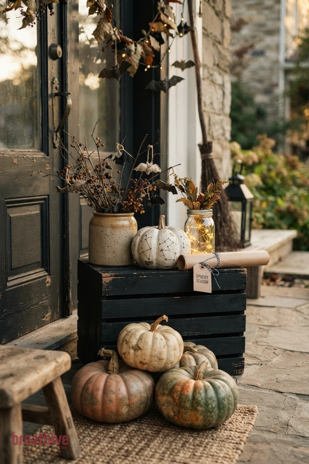 DIY polished Halloween front porch idea with close view of one practical styling cluster showing spacing, color repetition, and tactile details