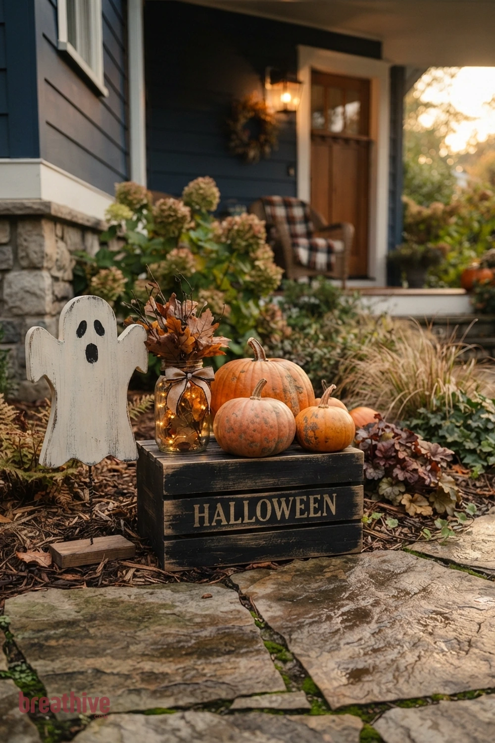 DIY outdoor Halloween front yard idea with close view of one prop cluster showing texture, scale, anchoring, and relation to plants or hardscape