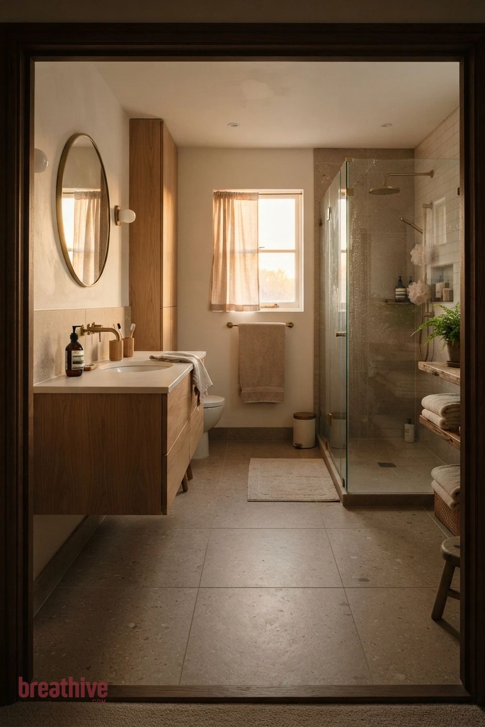 Use a Single Floor Material for Continuity in a thoughtful bathroom