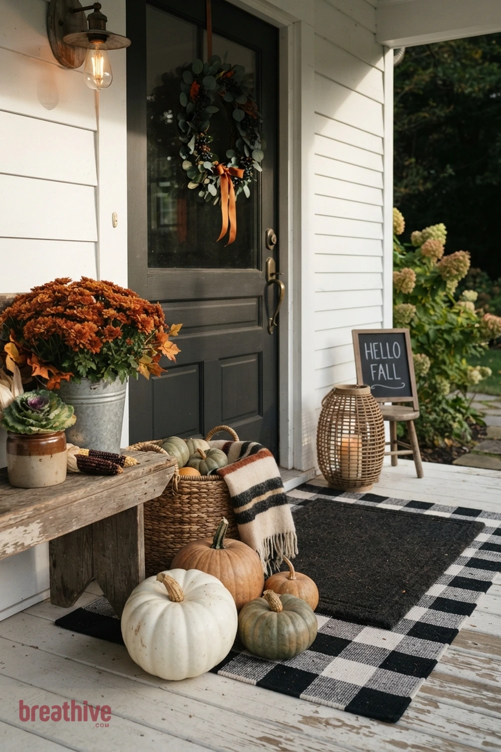 farmhouse Halloween front porch idea with close view of one practical styling cluster showing spacing, color repetition, and tactile details