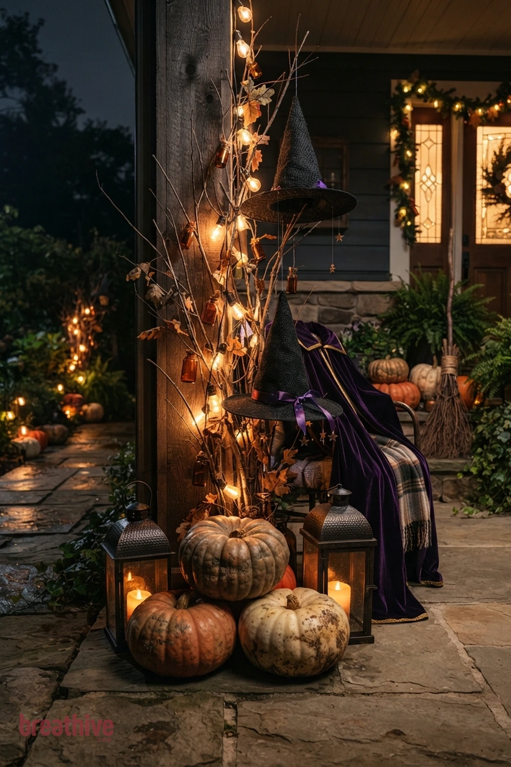 whimsical witch Halloween porch and walkway idea with close view of one prop cluster showing texture, scale, anchoring, and relation to plants or hardscape