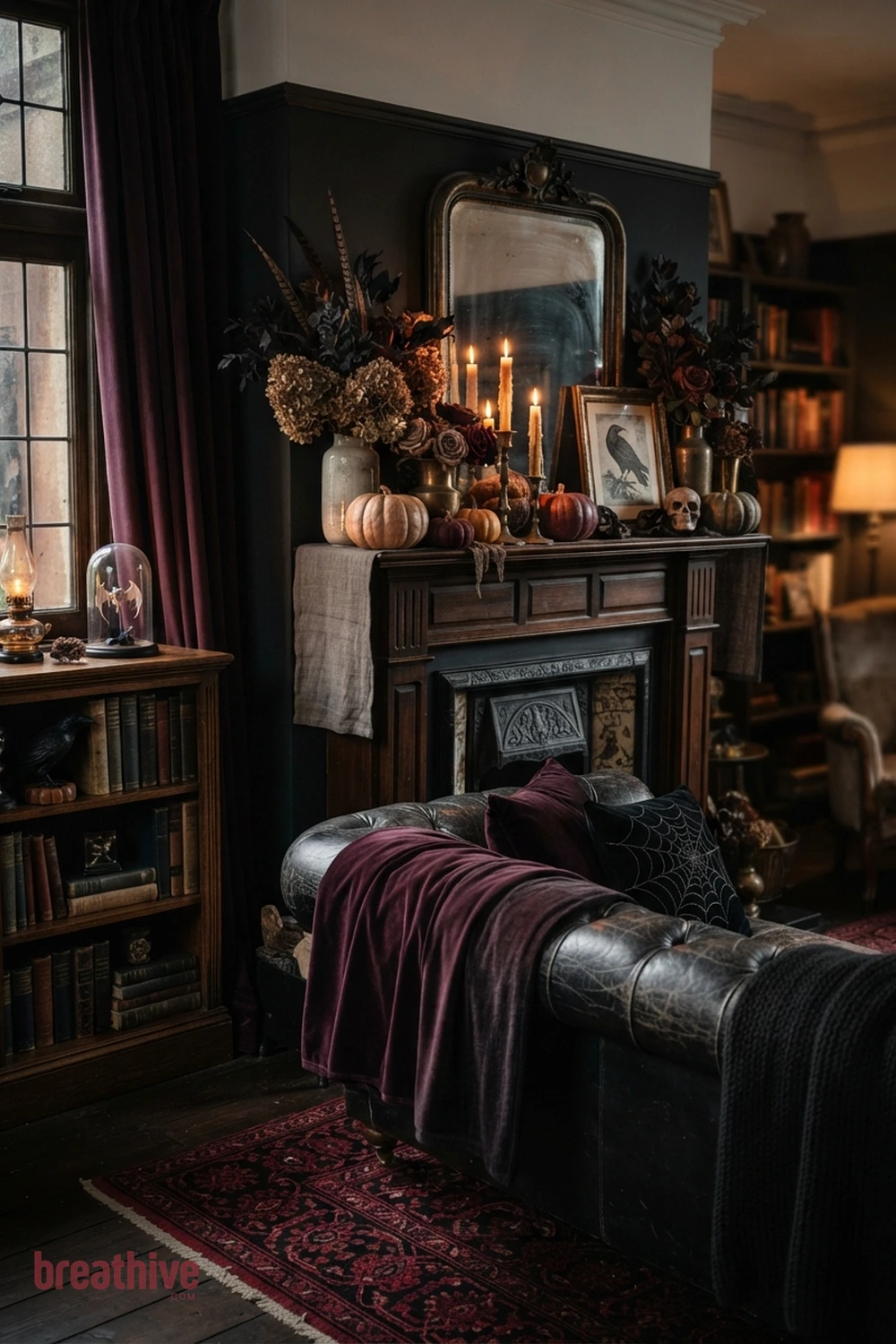 gothic Halloween living room idea with focused vignette that demonstrates color repetition and controlled decorative density