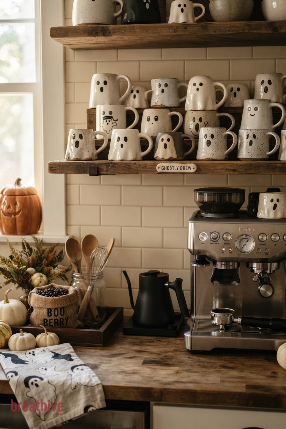 ghost mug collection Halloween kitchen coffee station idea with tight vignette showing scale, repetition, and how a small seasonal accent coordinates with functional items