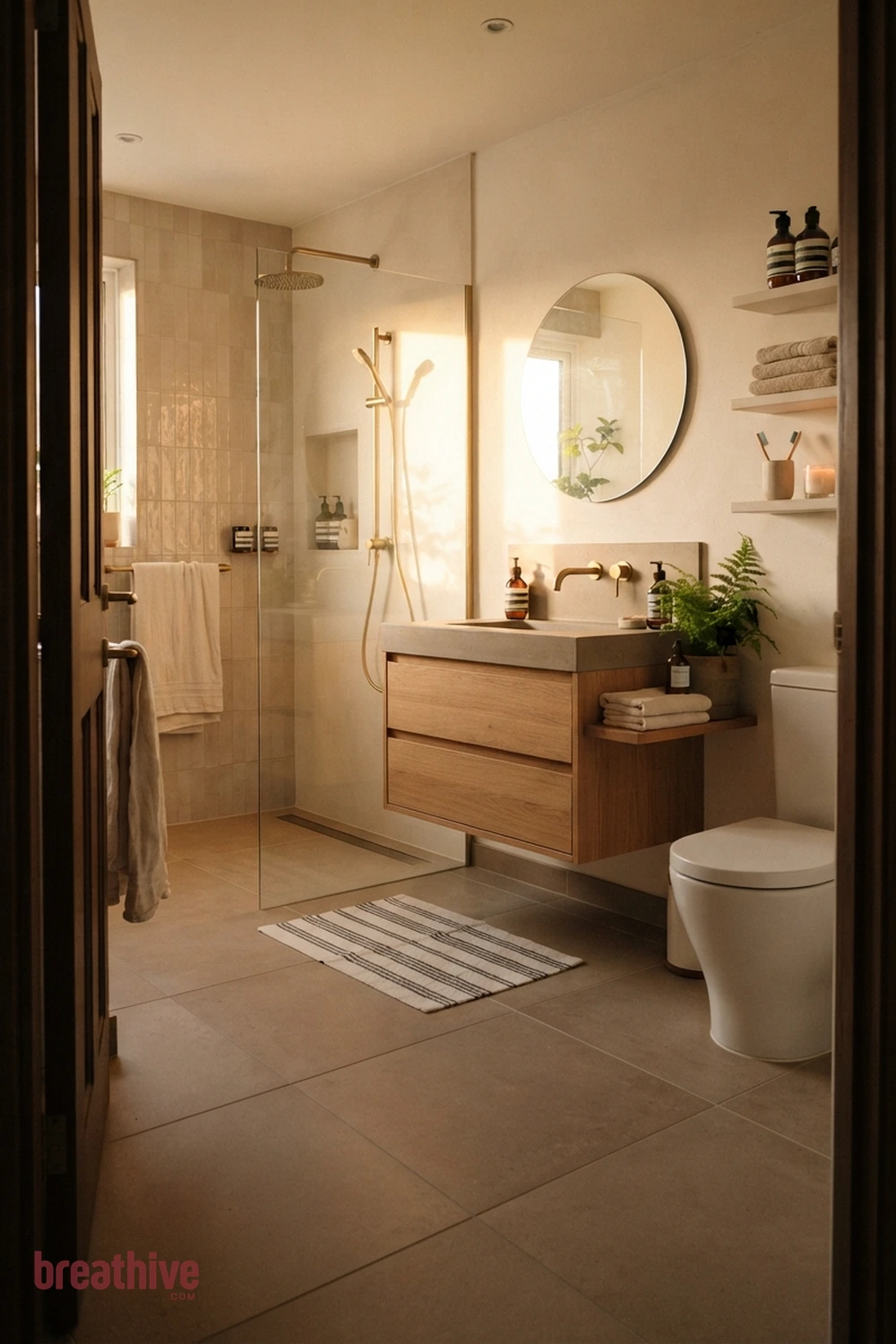 Use a Single Floor Material for Continuity in a thoughtful bathroom