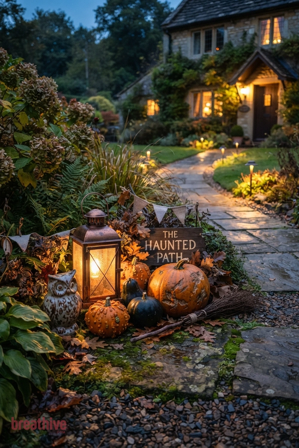 path lighting Halloween garden pathway idea with close view of one prop cluster showing texture, scale, anchoring, and relation to plants or hardscape
