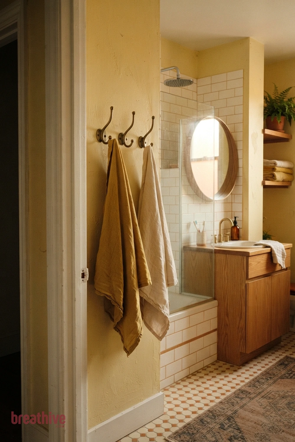Add Towel Hooks Where Hands Naturally Reach in a yellow bathroom