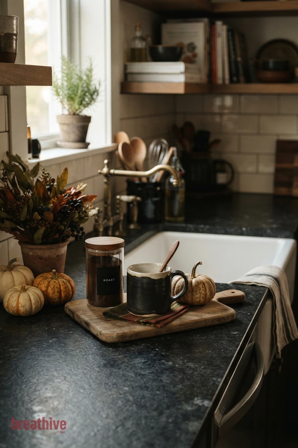 counter styling Halloween kitchen counter idea with tight vignette showing scale, repetition, and how a small seasonal accent coordinates with functional items