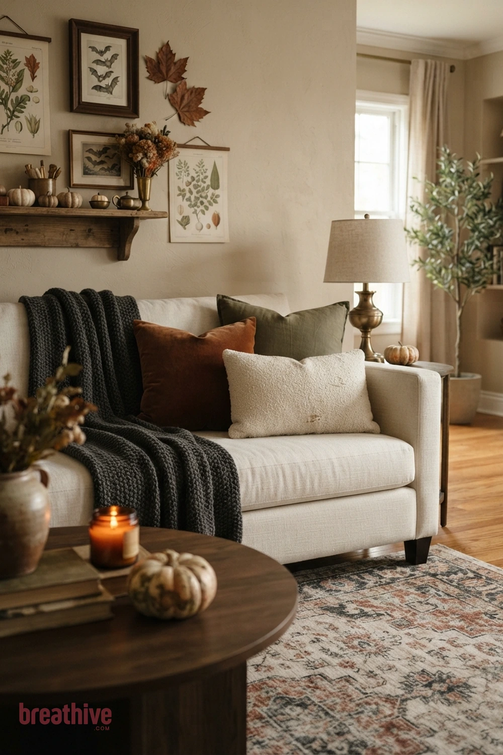 sofa-focused Halloween living room idea with focused vignette that demonstrates color repetition and controlled decorative density