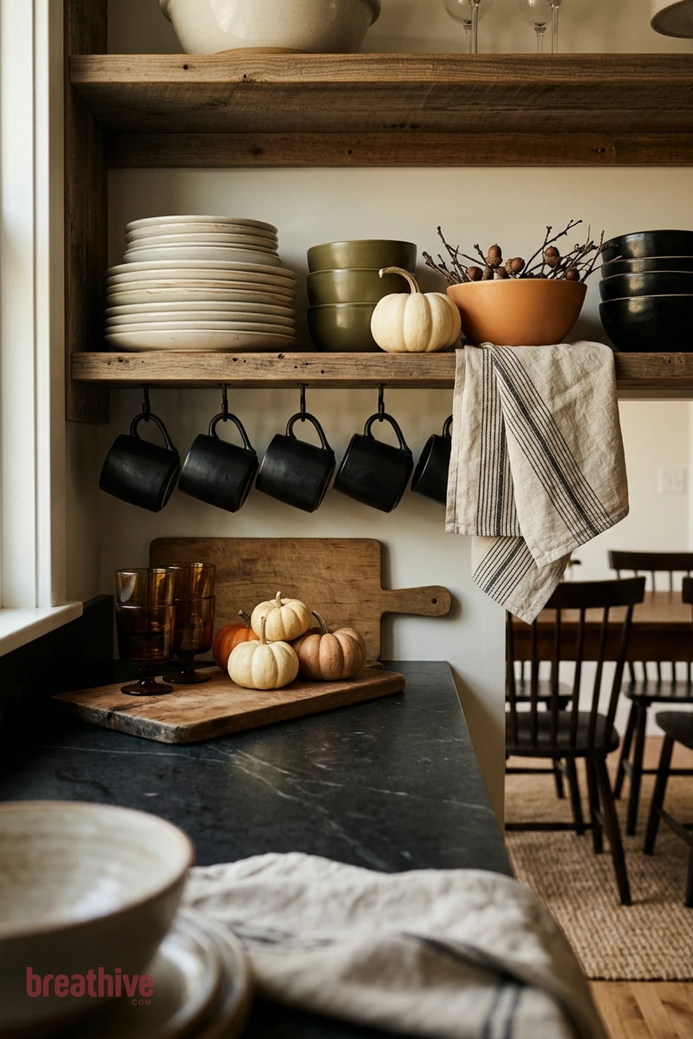 dishware display Halloween kitchen and dining room idea with tight vignette showing scale, repetition, and how a small seasonal accent coordinates with functional items