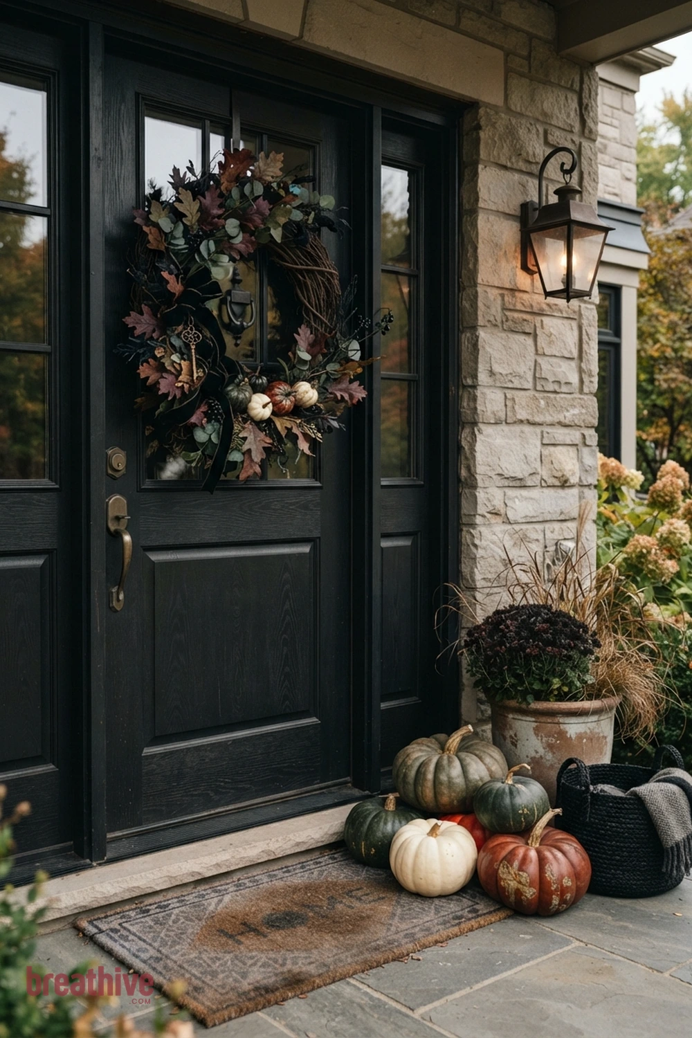 wreath-focused Halloween front door exterior idea with close view of one prop cluster showing texture, scale, anchoring, and relation to plants or hardscape