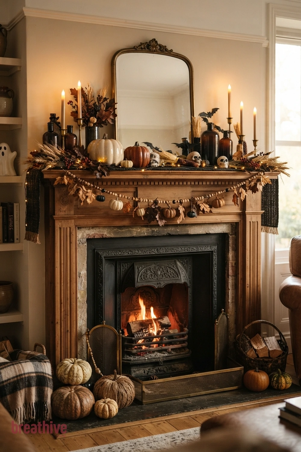 mantel-focused Halloween living room fireplace idea with focused vignette that demonstrates color repetition and controlled decorative density