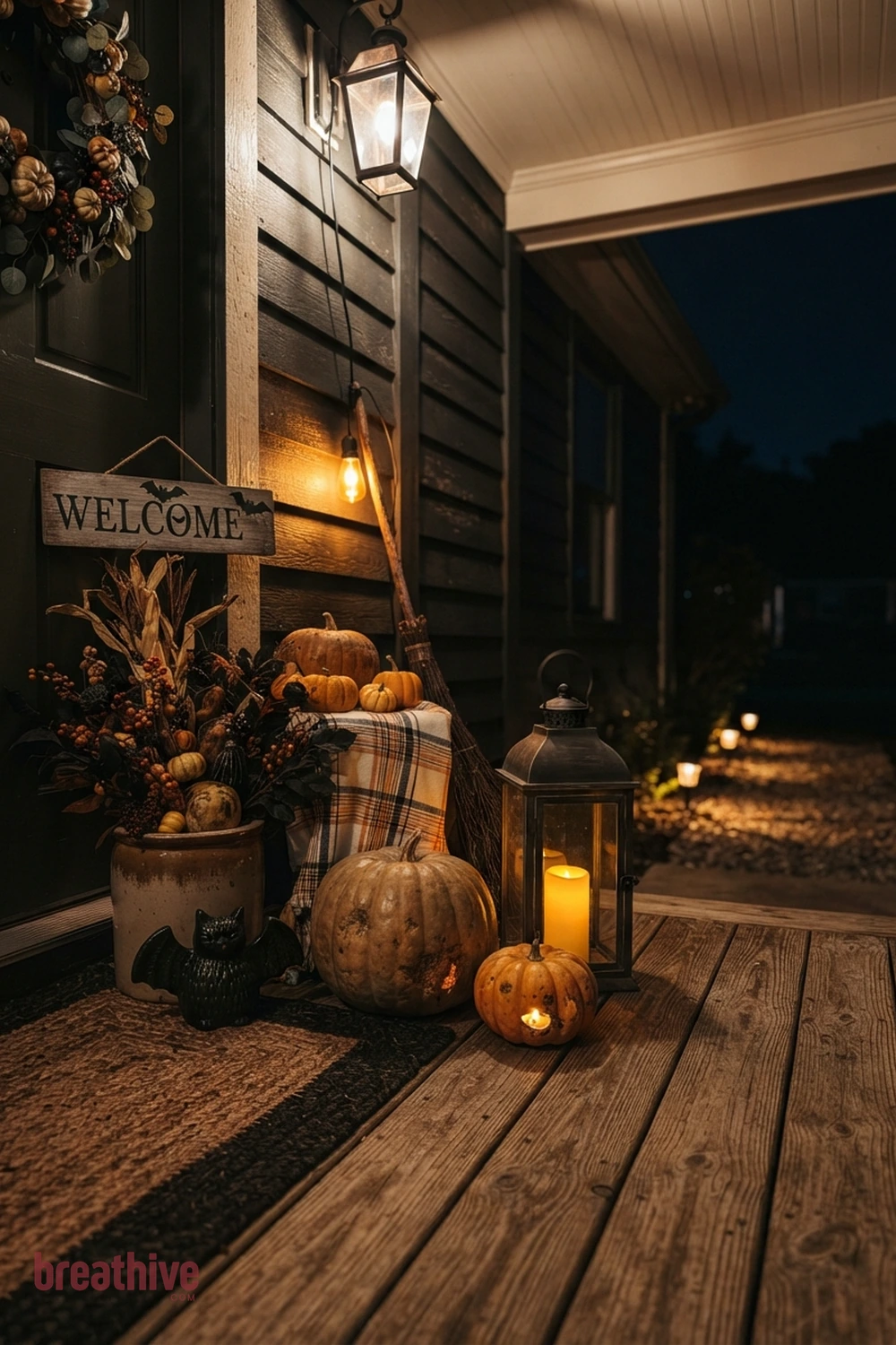 lighting-focused Halloween front porch idea with close view of one practical styling cluster showing spacing, color repetition, and tactile details