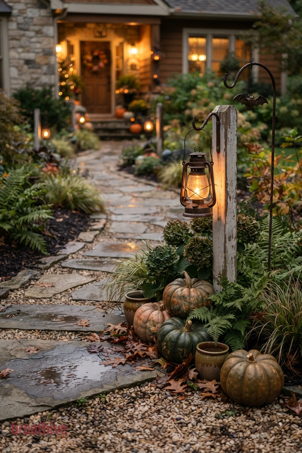 wayfinding Halloween garden pathway idea with close view of one prop cluster showing texture, scale, anchoring, and relation to plants or hardscape