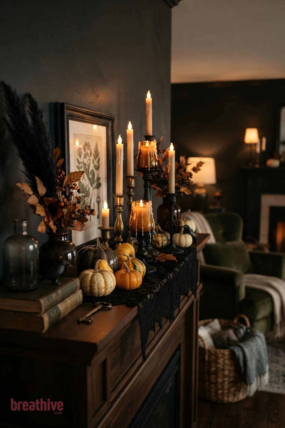 candlelit Halloween living room idea with focused vignette that demonstrates color repetition and controlled decorative density