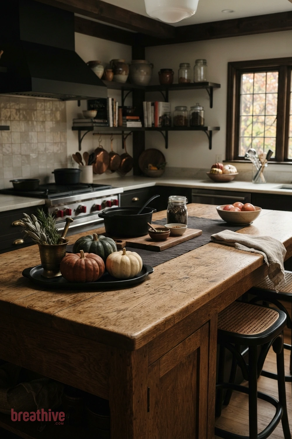 island-focused Halloween kitchen idea with tight vignette showing scale, repetition, and how a small seasonal accent coordinates with functional items