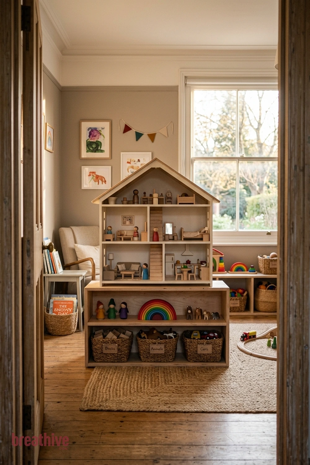 Add a Dollhouse or Small-World Shelf in a thoughtful playroom