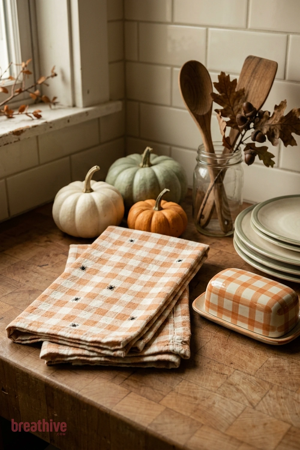 textile accent Halloween kitchen idea with tight vignette showing scale, repetition, and how a small seasonal accent coordinates with functional items