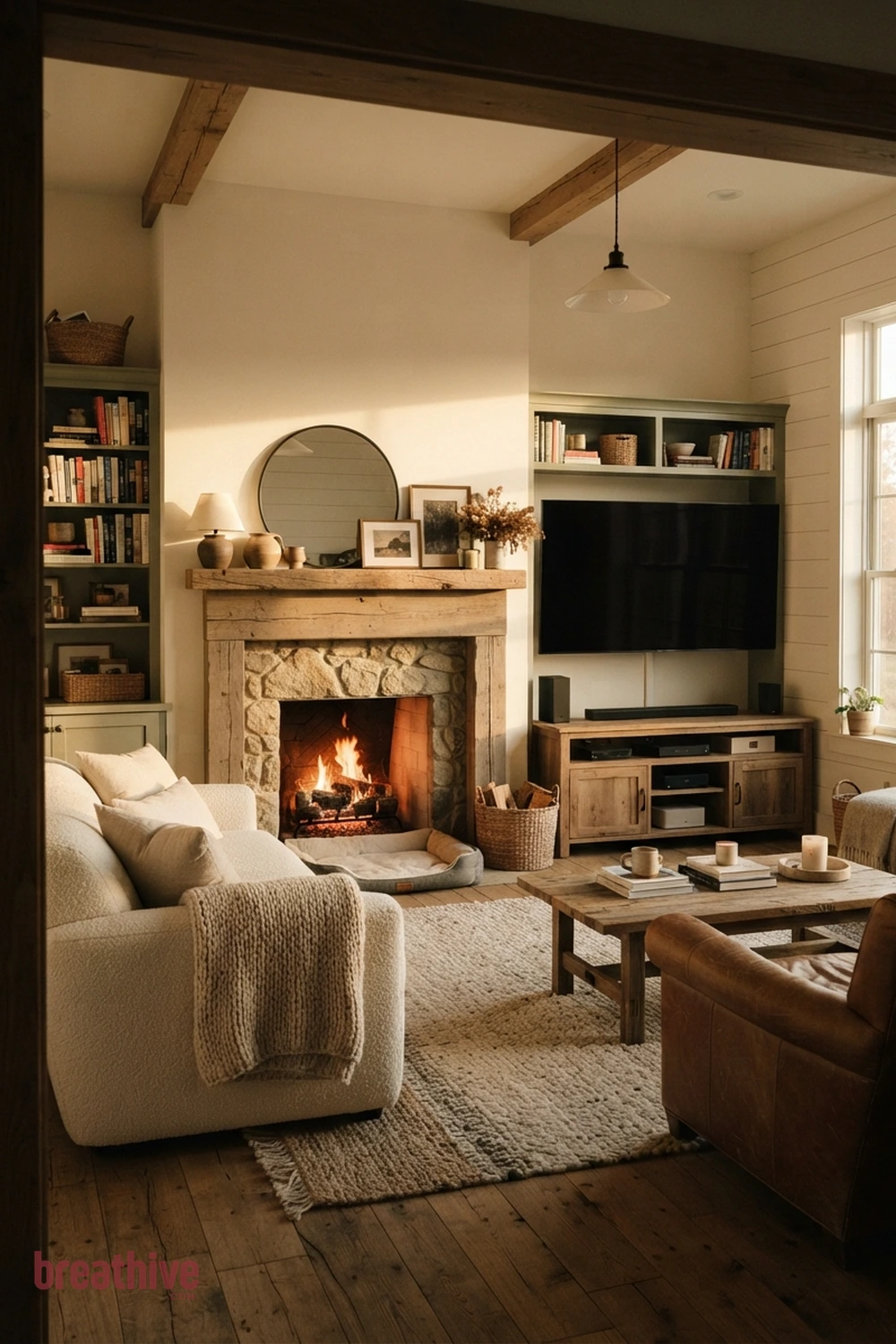 Make the Fireplace and Television Share the Wall Calmly in a farmhouse living room