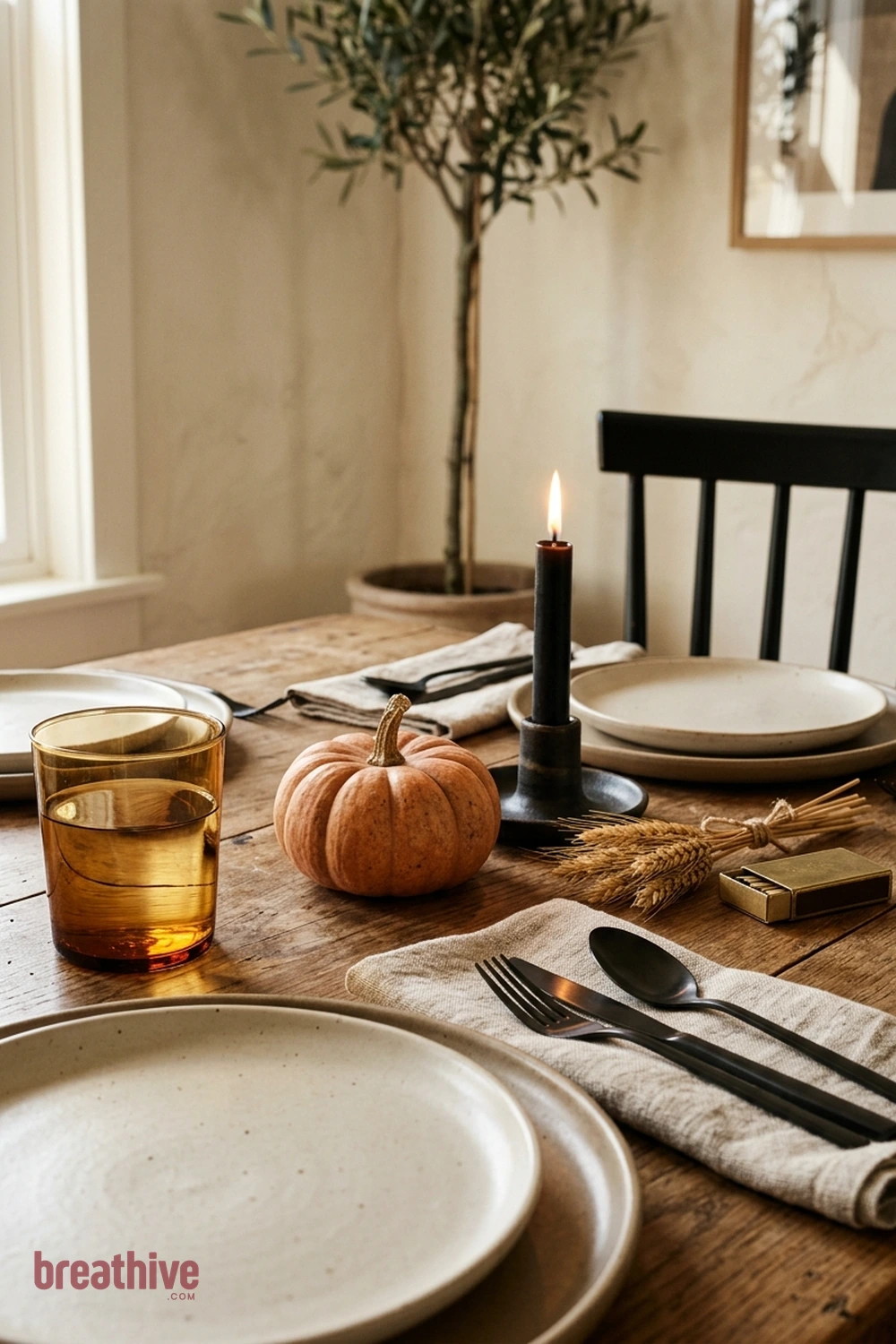 minimalist dining Halloween dining room idea with tight vignette showing scale, repetition, and how a small seasonal accent coordinates with functional items