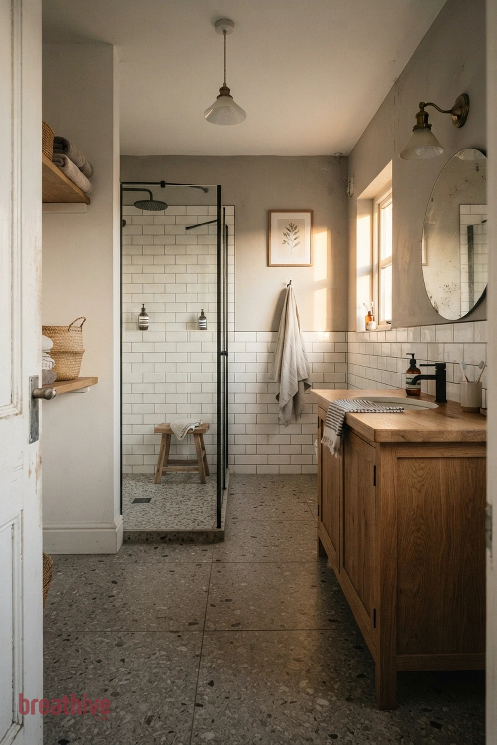 Use a Single Floor Material for Continuity in a black and white bathroom