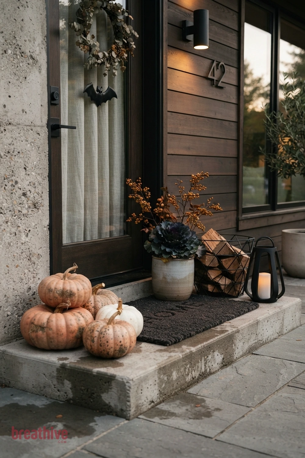 modern Halloween front porch idea with close view of one practical styling cluster showing spacing, color repetition, and tactile details