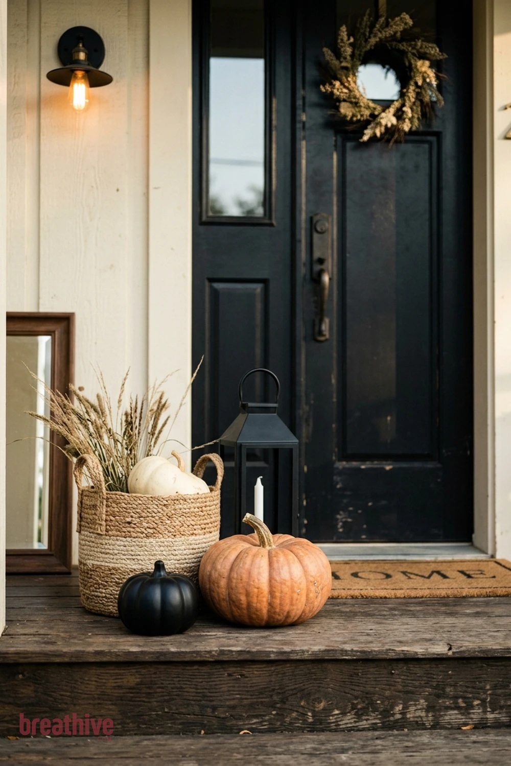 minimalist Halloween front porch idea with close view of one practical styling cluster showing spacing, color repetition, and tactile details