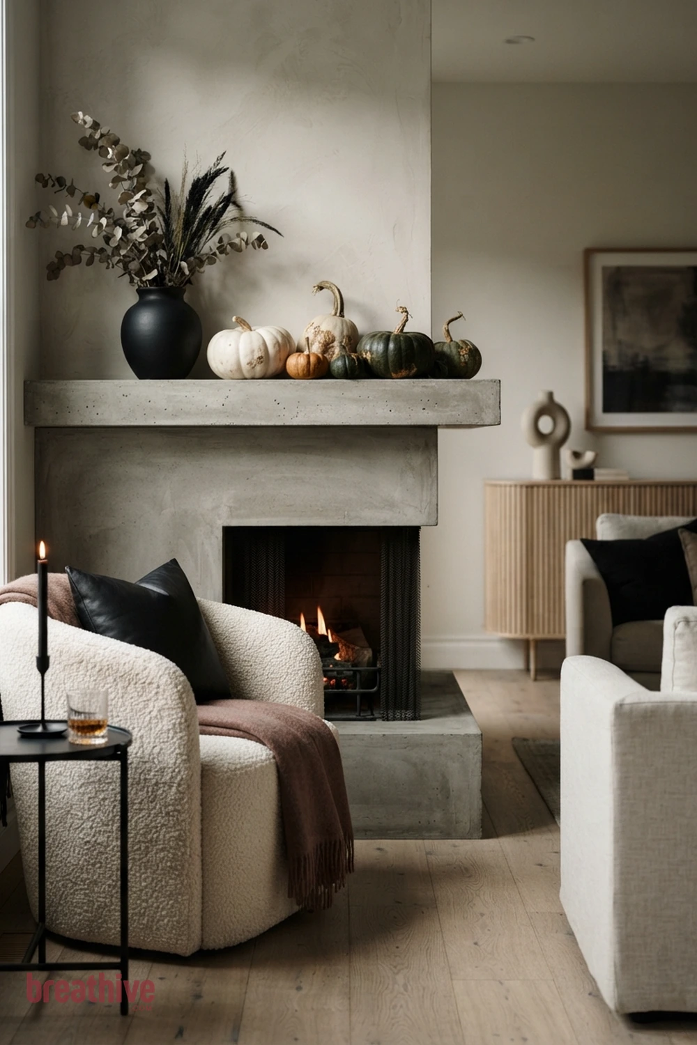 modern minimalist Halloween living room idea with focused vignette that demonstrates color repetition and controlled decorative density
