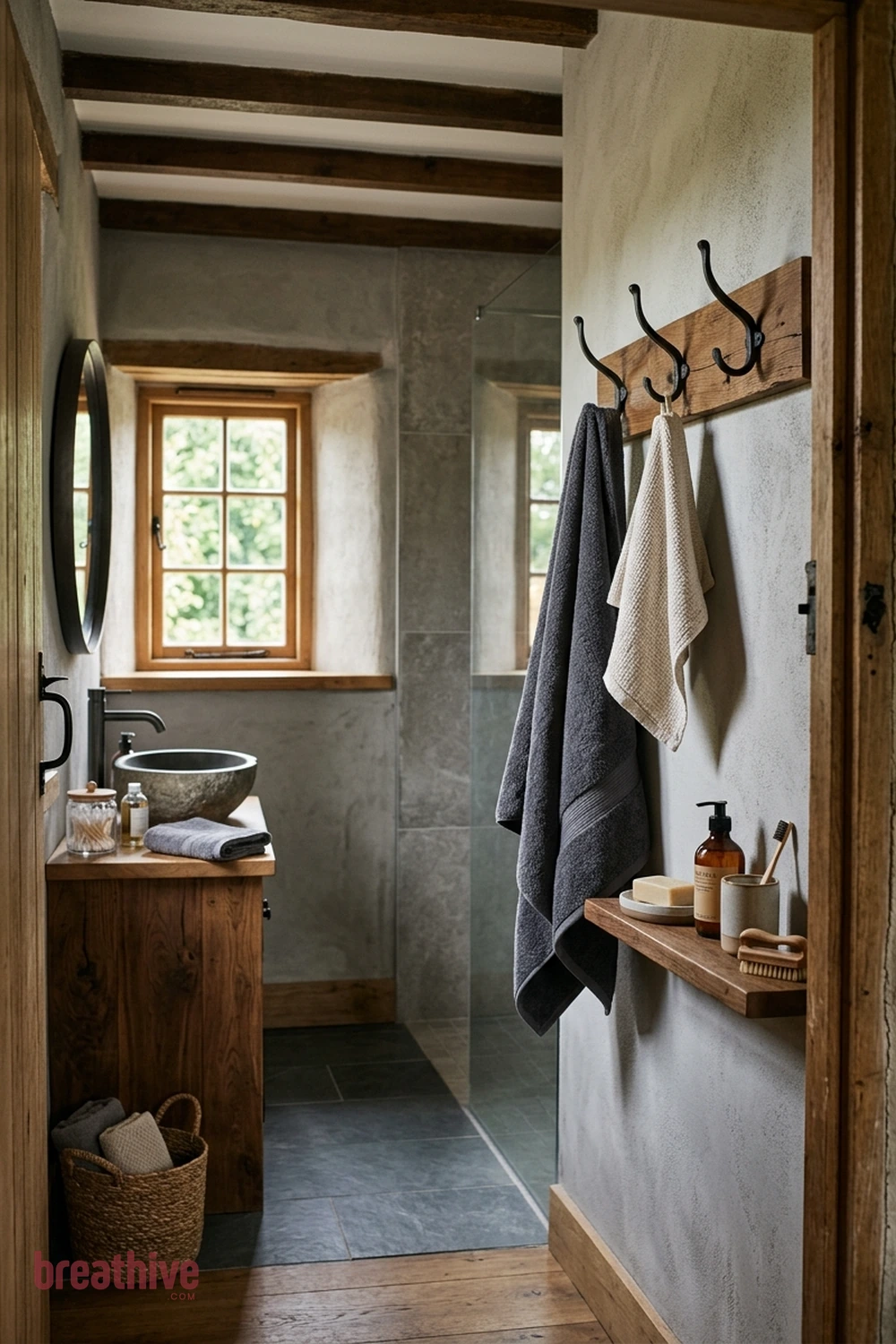 Add Towel Hooks Where Hands Naturally Reach in a rustic bathroom