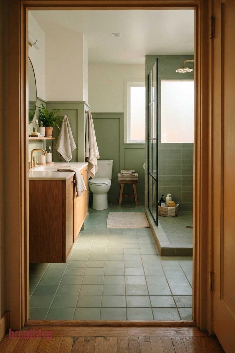 Use a Single Floor Material for Continuity in a green bathroom