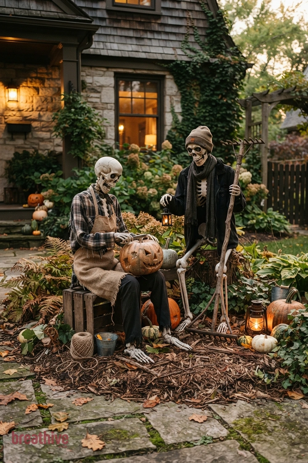 skeleton scene Halloween front yard idea with close view of one prop cluster showing texture, scale, anchoring, and relation to plants or hardscape