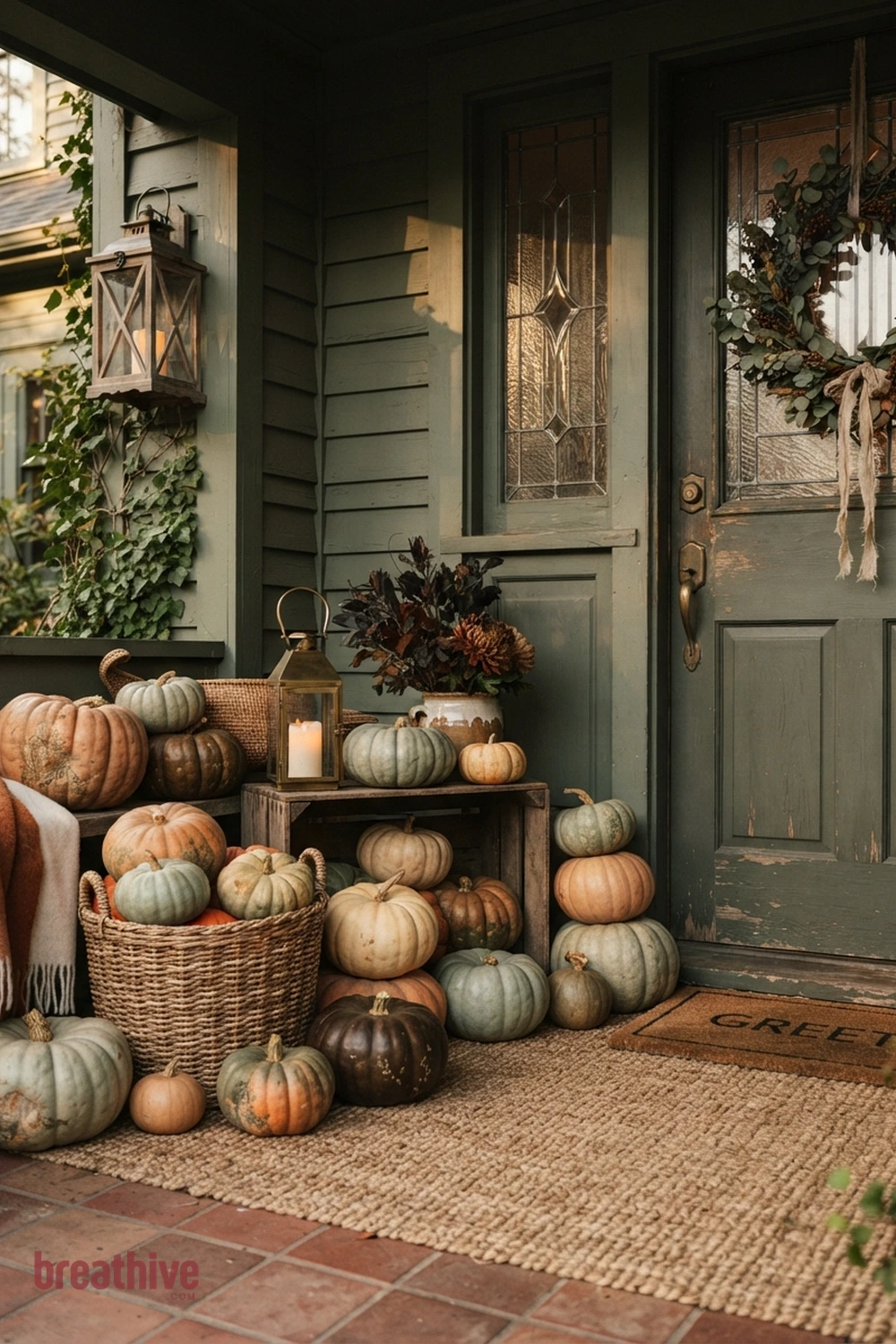 pumpkin layered Halloween front porch idea with close view of one practical styling cluster showing spacing, color repetition, and tactile details