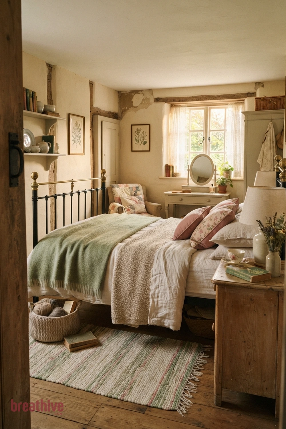 Mix Matte and Softly Reflective Surfaces in a cottagecore bedroom