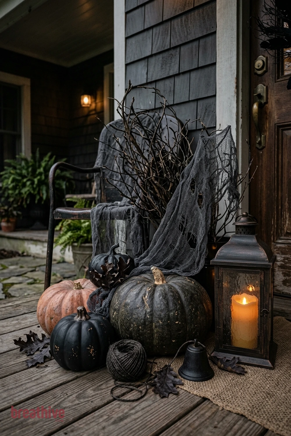 spooky polished Halloween front porch idea with close view of one practical styling cluster showing spacing, color repetition, and tactile details