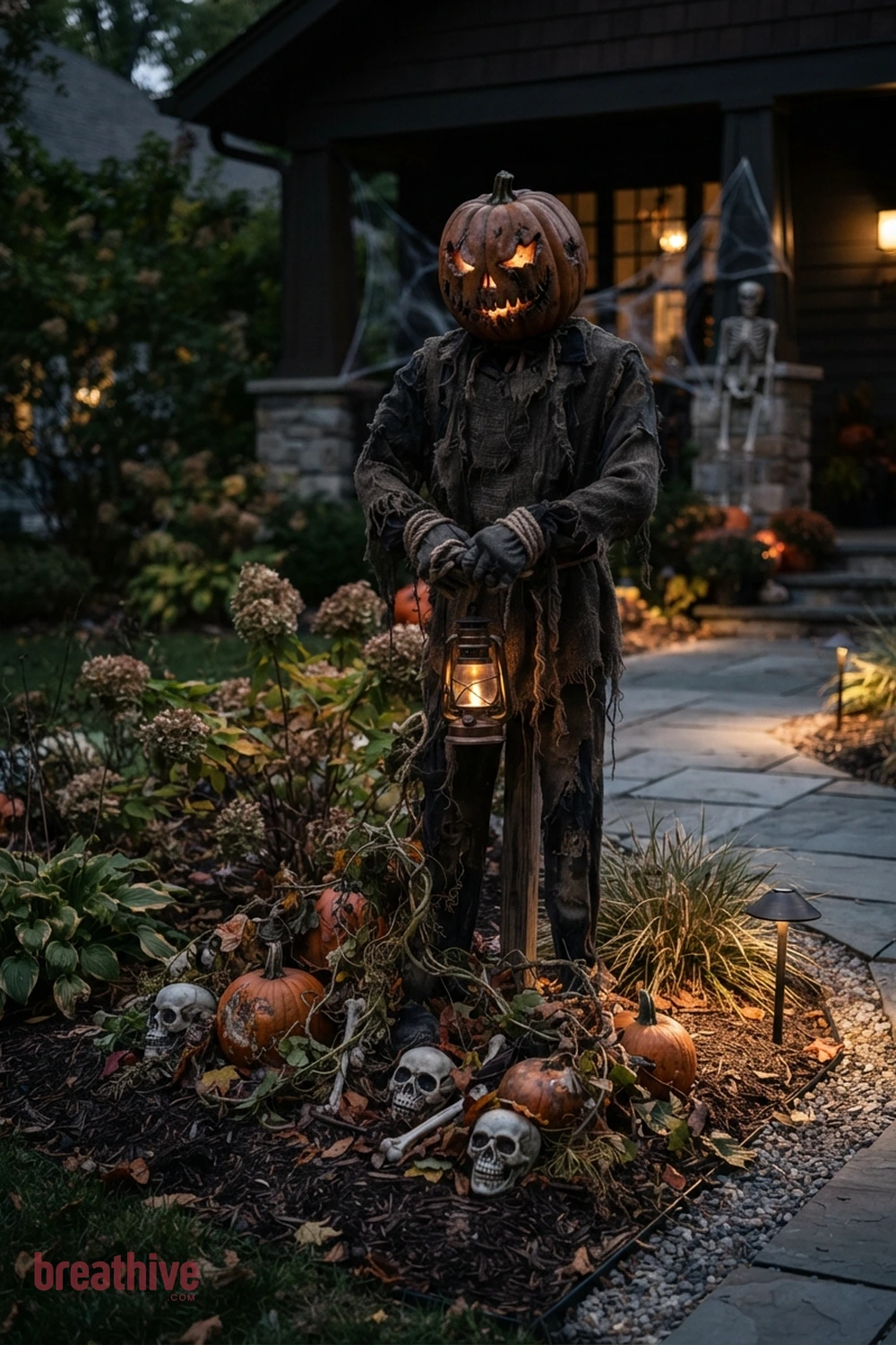 scary theatrical Halloween front yard idea with close view of one prop cluster showing texture, scale, anchoring, and relation to plants or hardscape
