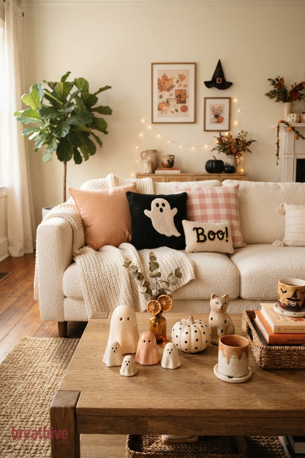 sweet spooky Halloween living room idea with focused vignette that demonstrates color repetition and controlled decorative density