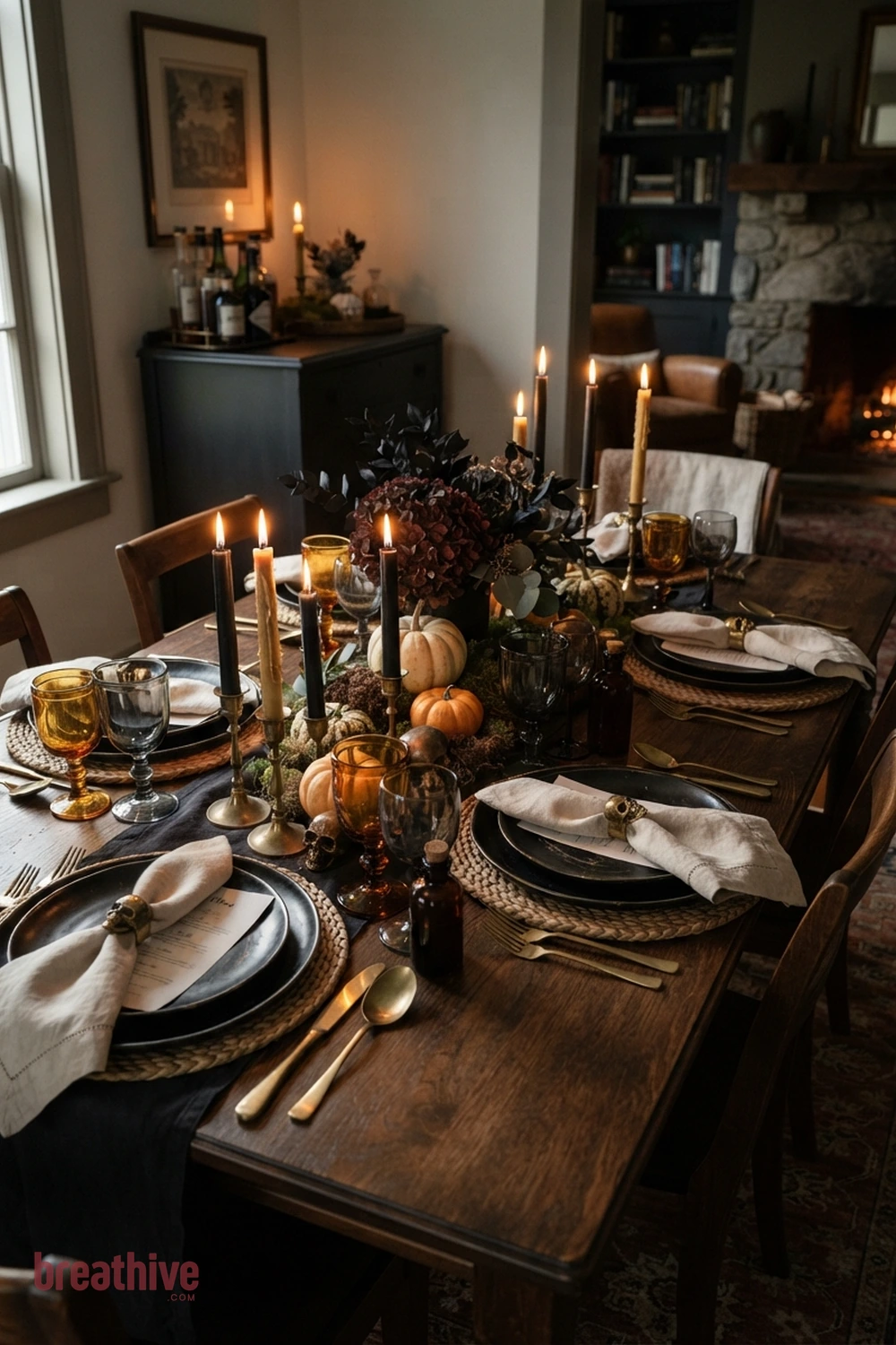 spooky tablescape Halloween dining room idea with tight vignette showing scale, repetition, and how a small seasonal accent coordinates with functional items