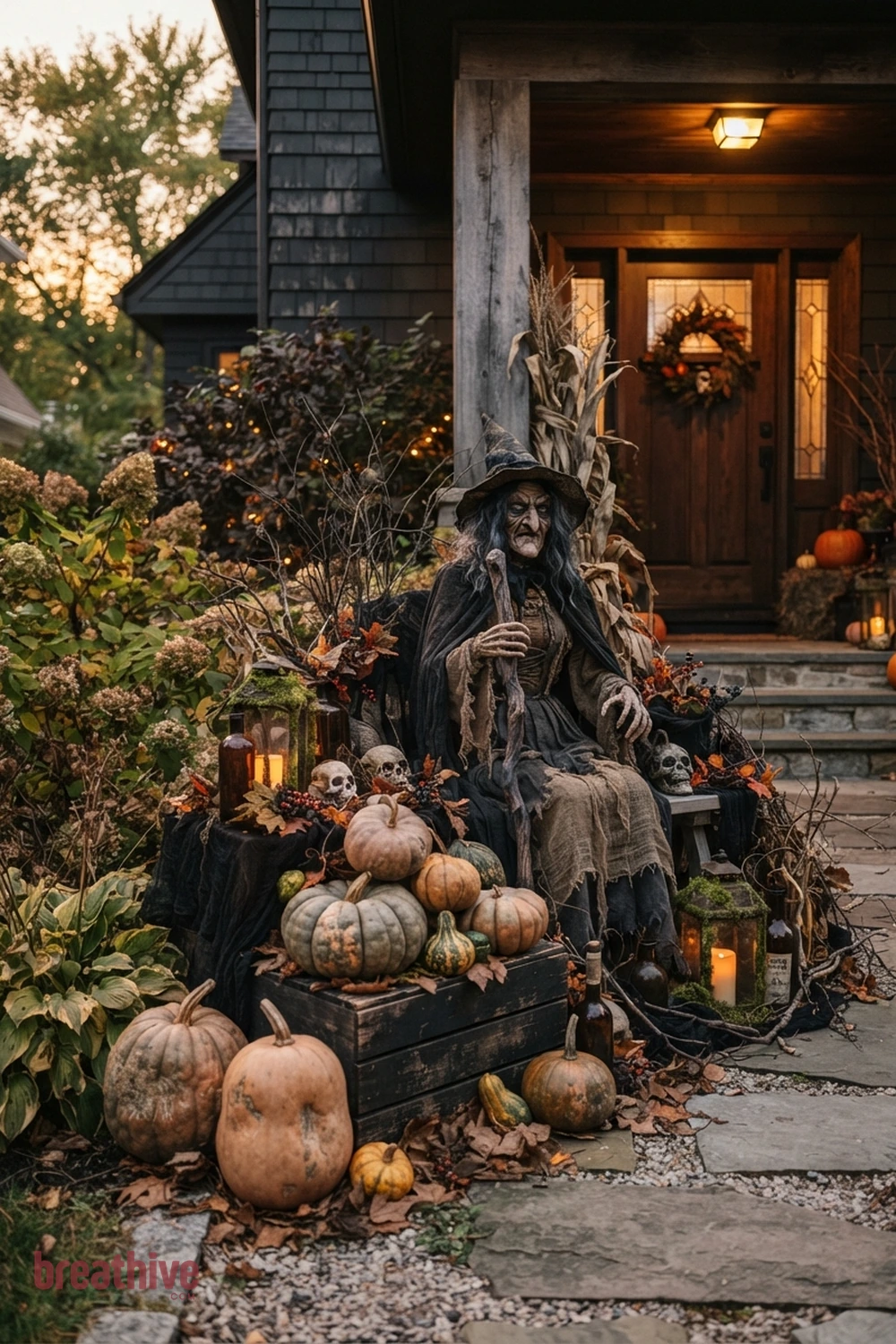 spooky aesthetic Halloween front yard idea with close view of one prop cluster showing texture, scale, anchoring, and relation to plants or hardscape