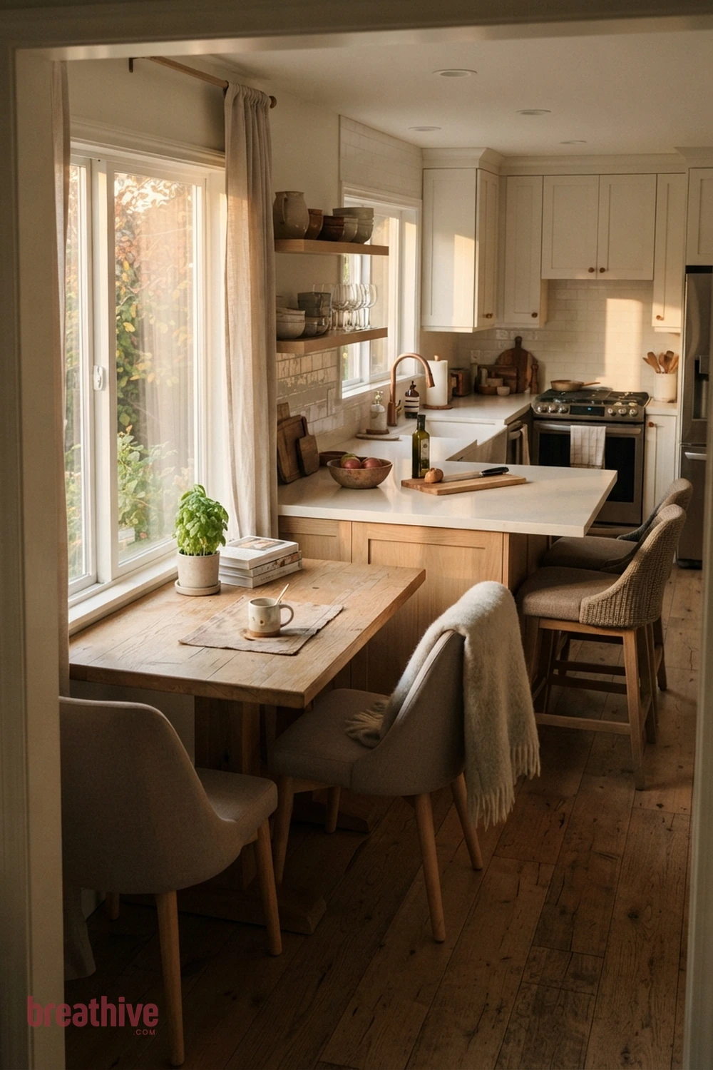 Window-Side Table Linked to a Peninsula in a thoughtful kitchen
