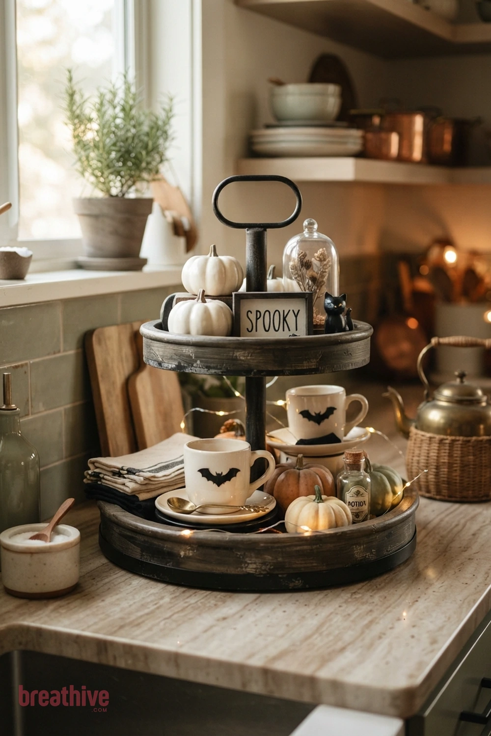 tiered tray Halloween kitchen counter idea with tight vignette showing scale, repetition, and how a small seasonal accent coordinates with functional items
