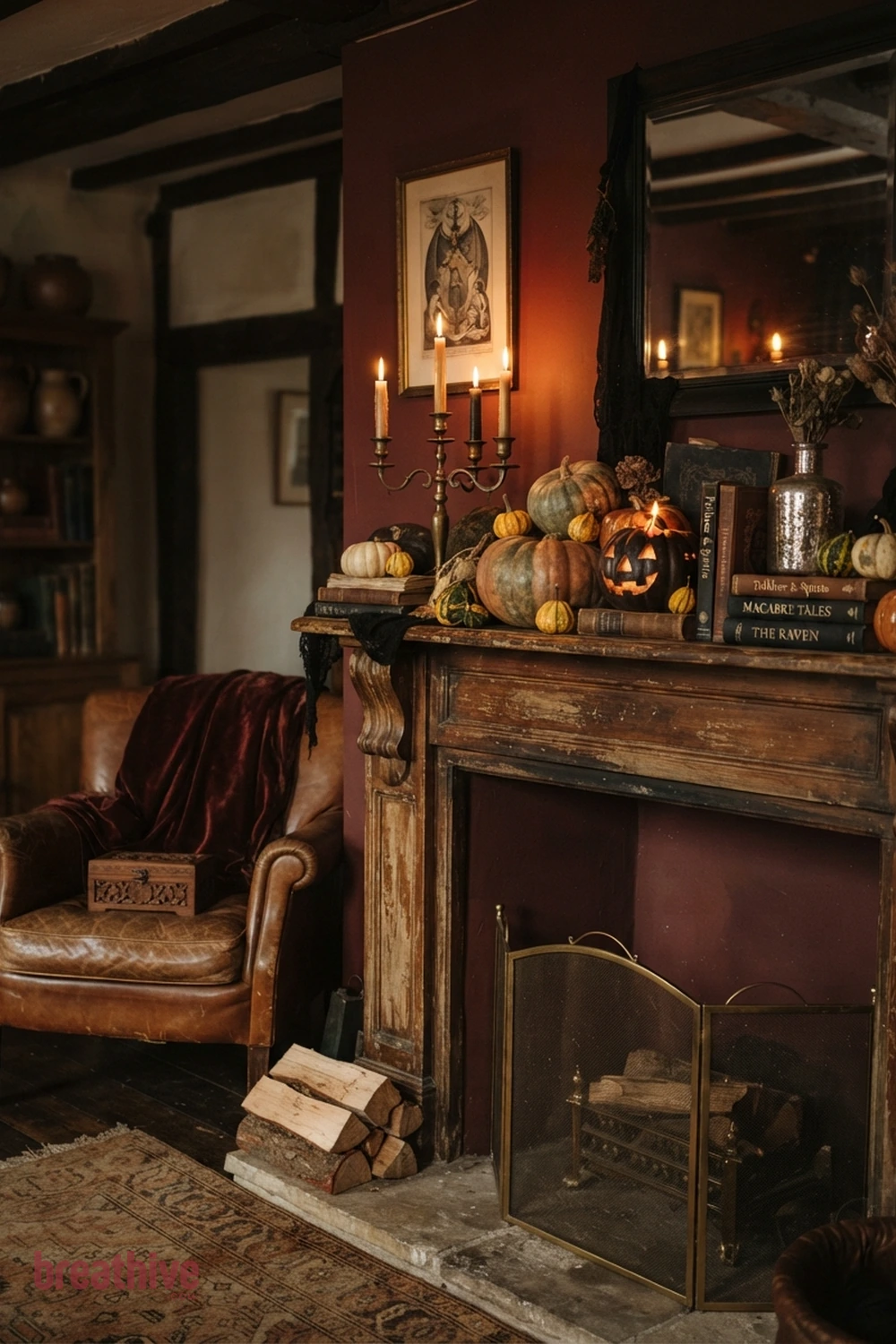 vintage Halloween living room idea with focused vignette that demonstrates color repetition and controlled decorative density