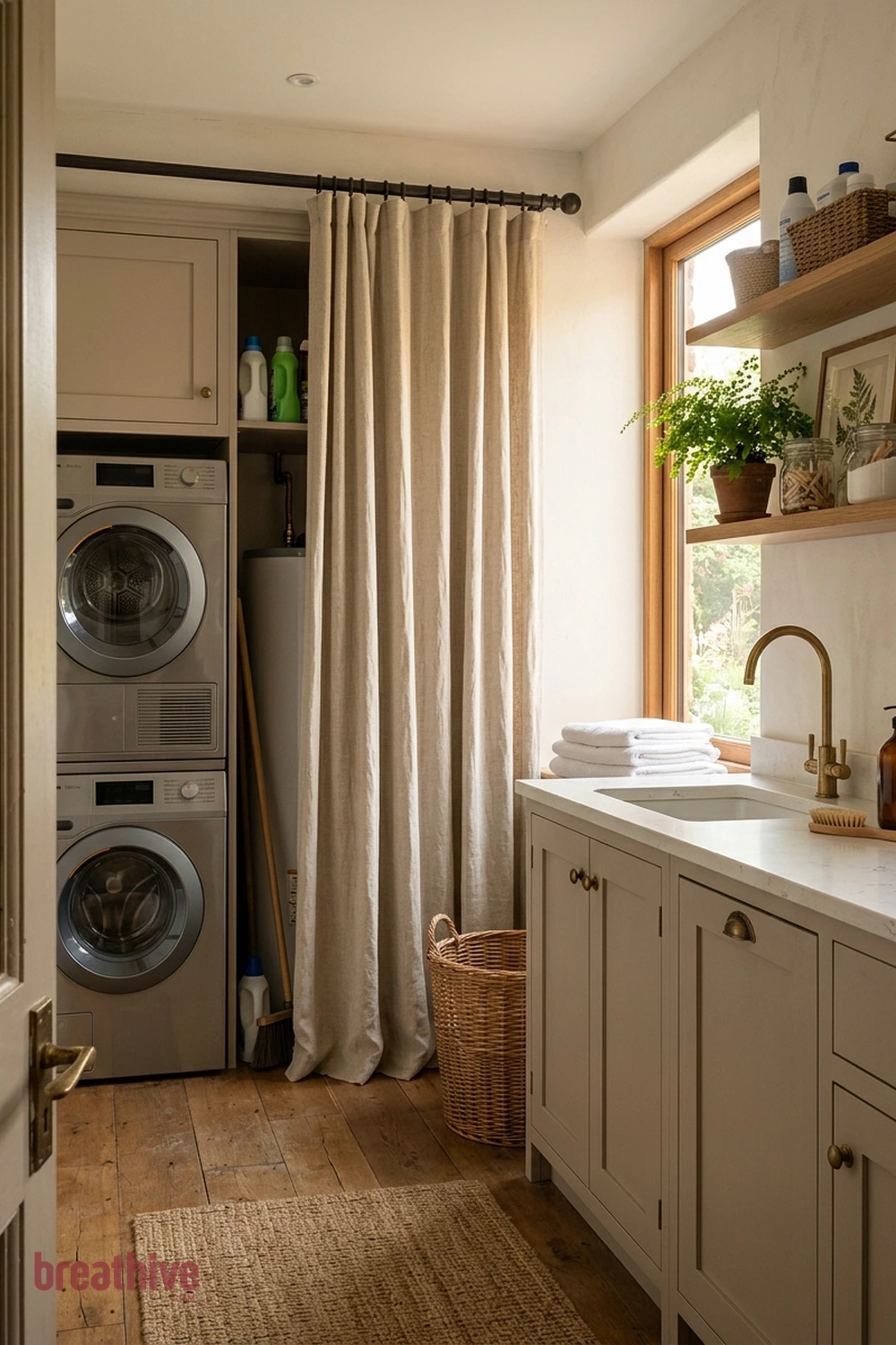 Add a Curtain to Hide Open Utility Storage in a thoughtful laundry room