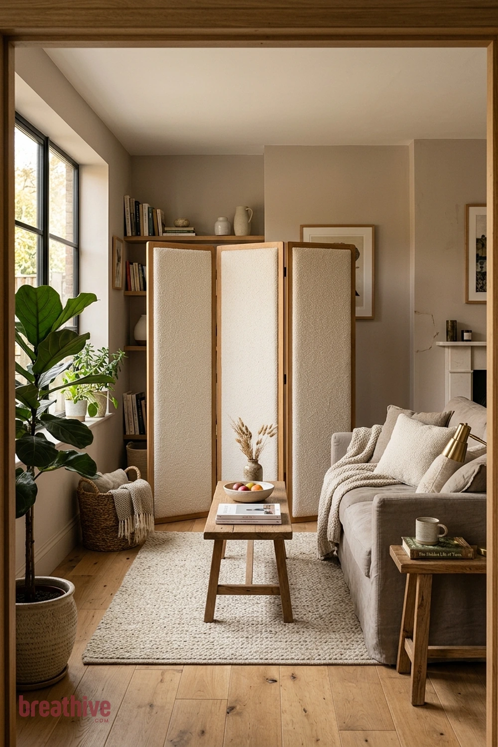 Tall Upholstered Screen in a thoughtful living room